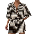 thumbnail image 1 of Womens Summer Casual Striped Rompers Button V Neck Short Sleeve Short Jumpsuit with Belted Linen Rompers Women Khaki S, 1 of 4