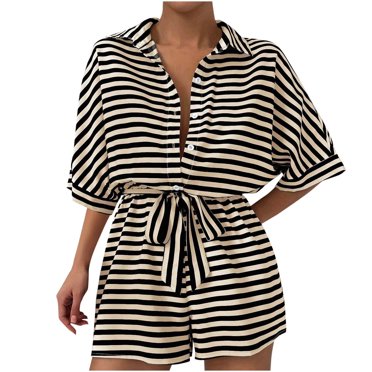 biudgviw Women's Summer Rompers Striped Half Sleeve Collared Button Front Tie Waist Short Jumpsuits Loose Casual Overalls