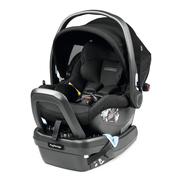 Peg Perego Primo Viaggio 4/35 Nido K Infant Car Seat with Base in True Black. This Italian-crafted car seat features a premium base with a Load Leg and Anti-Rebound Bar for enhanced safety, reducing rotation during collisions. The Kinetic pods provide side impact protection, while the adjustable Load Leg with an Energy Management Foot absorbs impact forces. The extendable Pagoda Hood offers UPF 50+ protection and mesh side panels for ventilation. The Dual Stage Cushion System supports newborns and growing infants, with a six-position adjustable SIP headrest. Made with breathable, fire-retardant-free Fresco Jersey fabric.