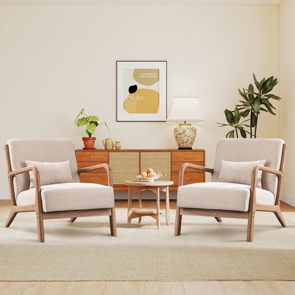 Bonzy Home Ensemble de 2 Fauteuils d'Appoint, Fauteuil Moderne du Milieu du Siècle avec Structure et Dossier en Bois pour Salon, Chambre, Lecture (Beige)