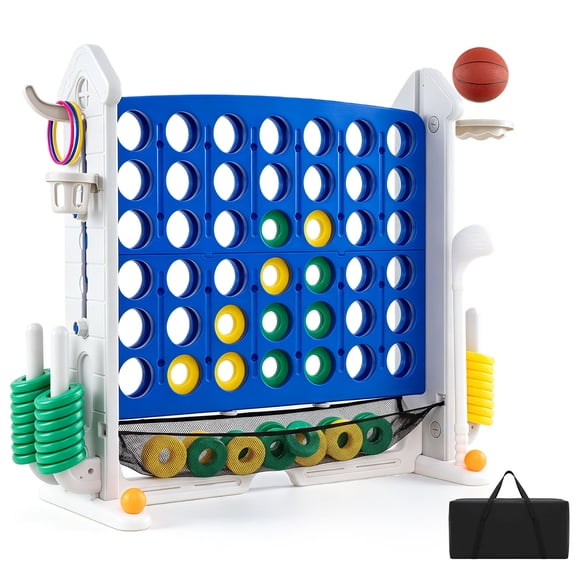 Costway Jeu Connect 4 en Ligne avec Filet en Maille, Sac de Transport, Hauteur Ajustable, Lancer d'Anneaux Bleu+gris