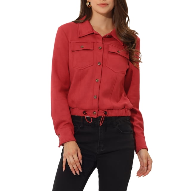 INSPIRE CHIC Women's Faux Suede Jacket Point Collar Button Down Cropped Sanded Moto Biker Coat XS Red