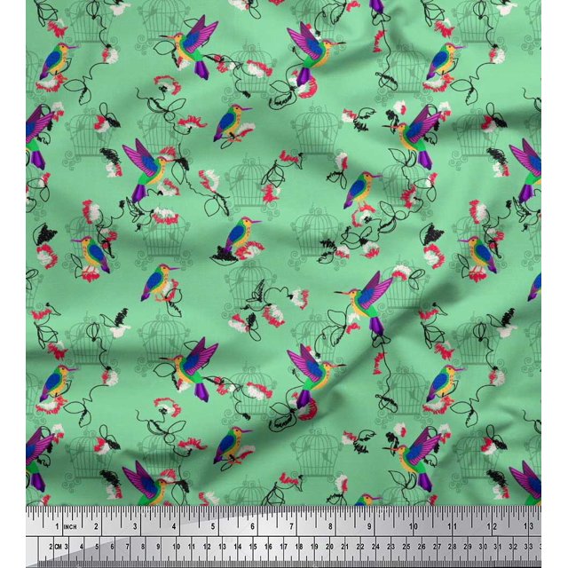 Soimoi Green Moss Georgette Fabric Cage & Humming Bird Fabric Prints By Yard 42 Inch Wide
