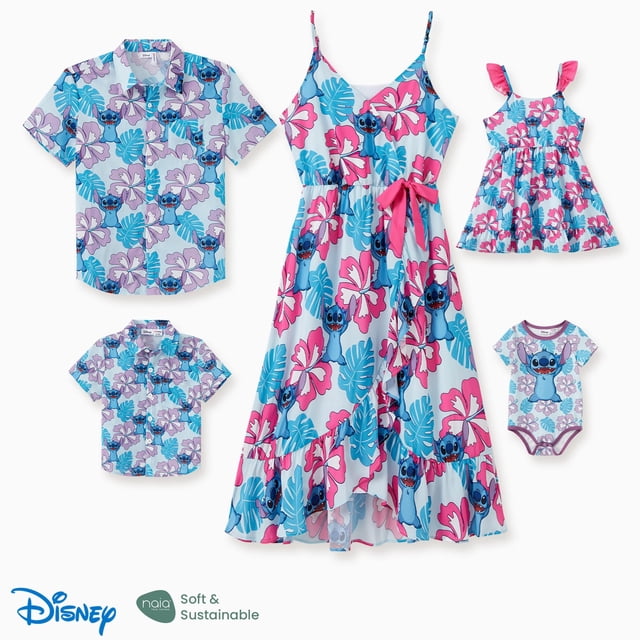 Disney Girls Dresses Lilo & Stitch Graphic Ruffled Floral Dress Matching Summer Outfits Sets