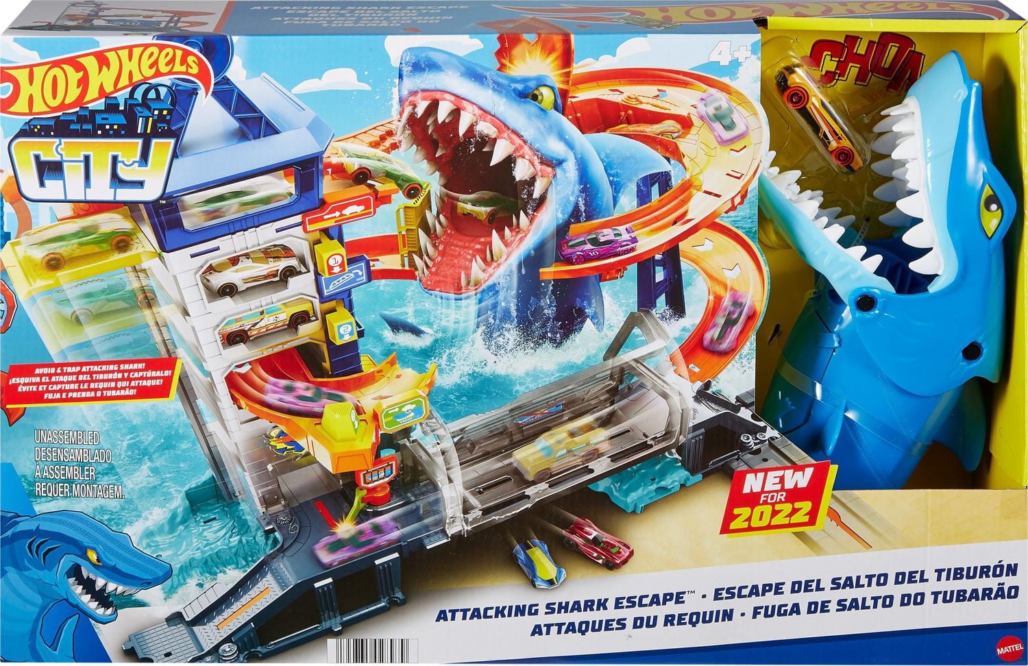 Hot Wheels Track Set and 1:64 Scale Toy Car, City Shark Escape, Multi-Level Playset