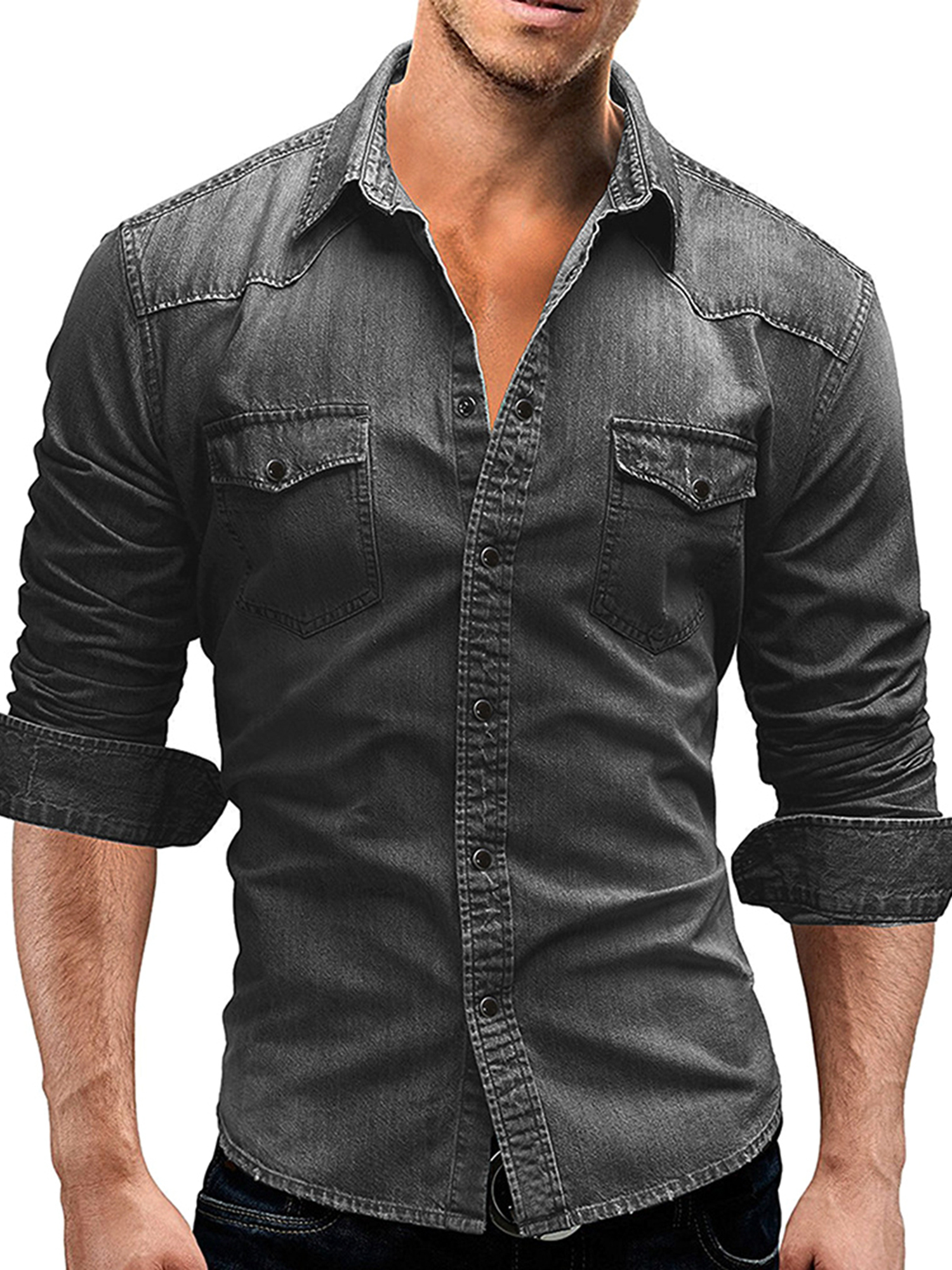 SUNSIOM Men's Spring Autumn Casual Shirts Solid Color Long Sleeve Lapel Denim Tops Button Shirts