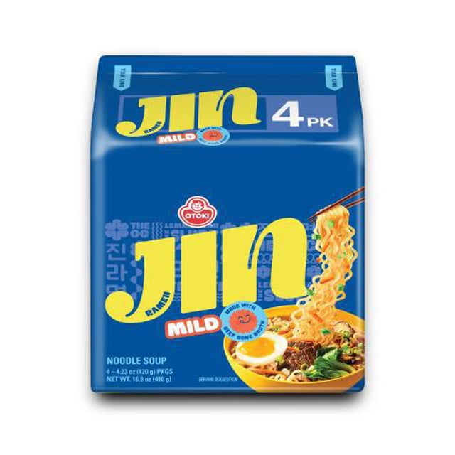 Ottogi Jin Ramen Mild Multipack 4 Pack with blue packaging featuring large yellow Jin logo, showing a bowl of mild noodle soup with chopsticks lifting noodles, garnished with boiled egg, beef, and vegetables, enhanced with New Zealand beef bone stock for authentic broth flavor, suitable for quick Asian-style meals.