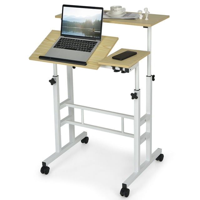 Gymax Bureau Debout Mobile Bureau d'Ordinateur Réglable Poste de Travail Inclinable Naturel