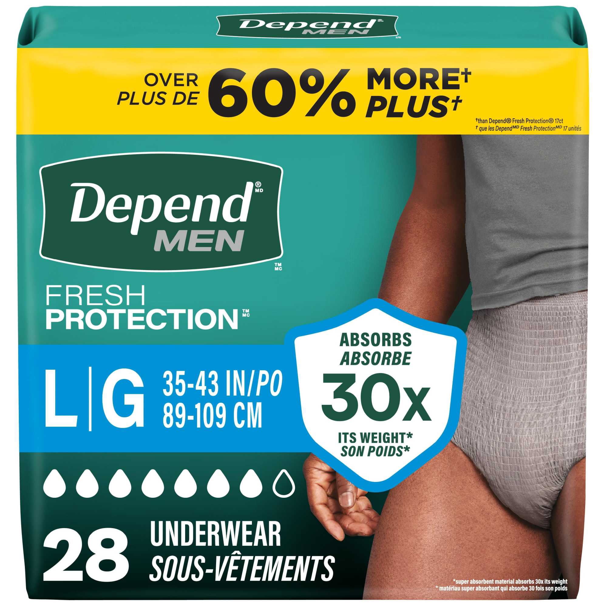 Sous-vêtements d'incontinence Depend Fresh Protection pour hommes, couches pour adultes, L, 28 unités