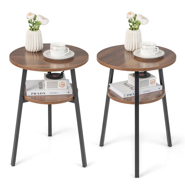 Costway 2PCS 2-Tier Bedside End Table Round Nightstand for Bedroom Living Room Walnut
