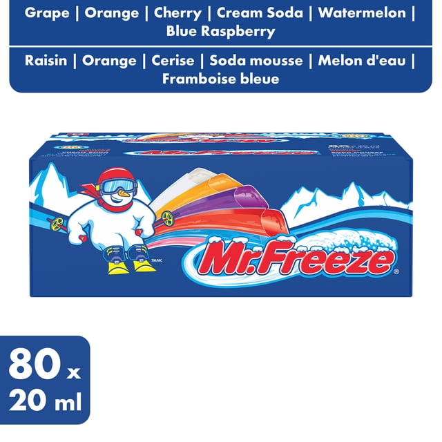 Bâtons glacés réguliers Mr. Freeze - Raisin, Orange, Cerise, Soda mousse, Melon d’eau, Framboise bleue - 80 x 20 ml