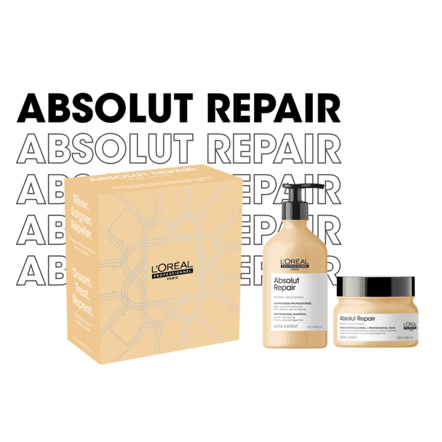 Absolut Repair Duo de Restructuration par L'Oréal Paris, Comprenant un Shampooing de 500 ml et un Masque de 250 ml. le Shampooing, Enrichi de Protéine de quinoa Doré, Répare et Renforce les Cheveux Abîmés Tout en les Laissant Légers au Toucher. le Masque Gel-Crème Restaure les Cheveux, les Rend 7 Fois Plus Lisses et Plus Brillants Sans Résidu. les Deux Produits Sont Présentés aux Côté d'Une Boîte beige de Marque avec le Texte « Absolut Repair »