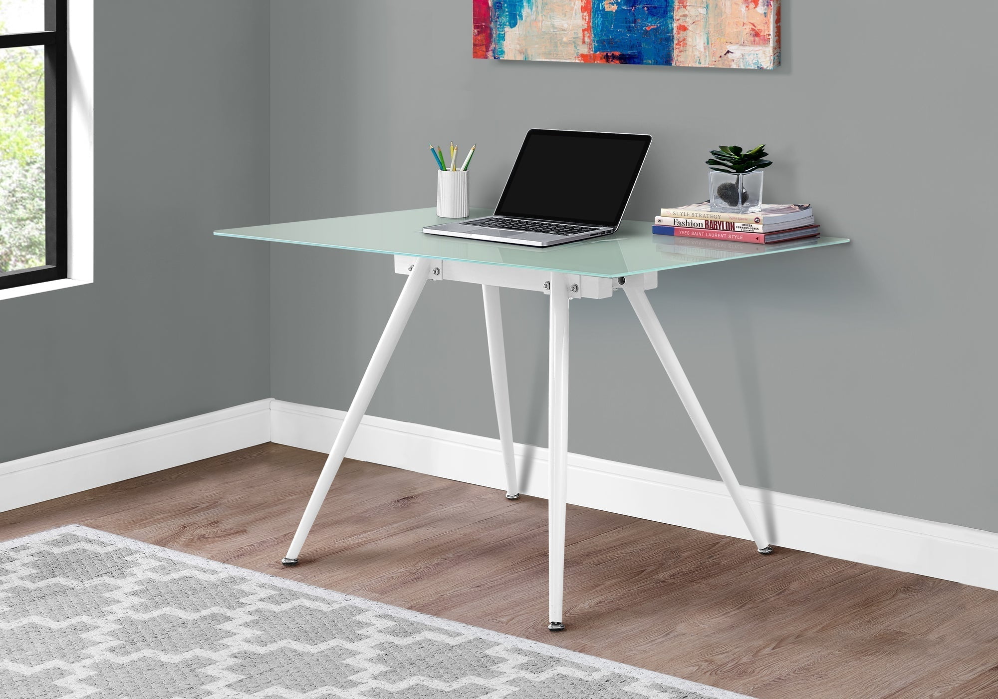 Monarch Specialties I 1032 Computer Desk, Home Office, Laptop, 48"l, Work, Metal, Tempered Glass, White, Contemporary, Modern