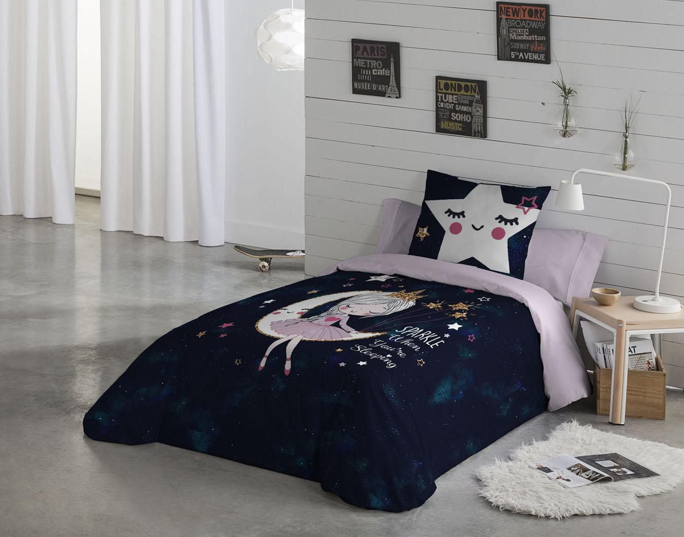 Ensemble de housse de couette 2 pièces Lesha de Gouchee Home – Imprimé Magical Moon & Princess, literie réversible en coton pour enfants