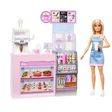Barbie Coffret de jeu Café, poupée Barista blonde, 10+ accessoires