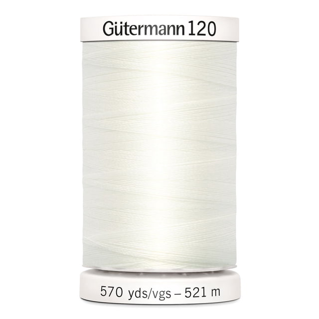 Gutermann 120 100% polyester all purpose sewing thread spool in white, tightly wound with label showing 570 yards (521 meters). Suitable for machine and hand sewing cotton, synthetics, wool, and craft projects like home décor and beading.