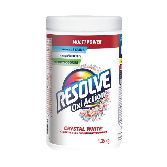 Resolve, Multi Power, Oxi-Action, Amazing Stain Remover, In-Wash Powder, Whites, 1.35kg front-facing photo of a 1.35kg white plastic tub with label text that reads 'Amazing Stain Removal', 'Keeps your whites looking white' and 'Free From Chlorine Bleach'; subtle plastic sheen, flip-top lid visible, studio white background. Often used to pre-treat or soak whites and suitable for spot-treating sports uniforms or work shirts.