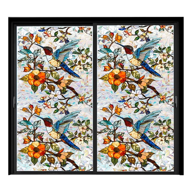 Rainbow Floral Static Cling Window Film Removable Decal for Glass Doors with vibrant botanical designs, including hummingbirds and flowers. This privacy window film creates a stained glass effect, enhancing privacy while allowing natural light to filter through. Ideal for living rooms, bedrooms, or bathrooms. Dimensions: 100x43cm.