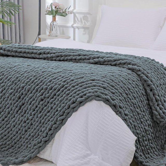 Chunky Knit Blanket Throw x Hand Knitted Chenille Throw Blanket Small Soft Thick Yarn Cable Knit Blanket Cute Rope Knot Crochet Throw Blankets for Couch Bed Sofa (Light )