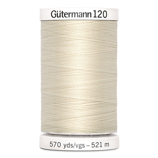 Gutermann 120 100% polyester all purpose thread spool in off-white color, tightly wound on a white plastic bobbin labeled with 570 yards (521 meters). Suitable for machine and hand sewing woven, knit, and synthetic fabrics, as well as craft and mending projects.