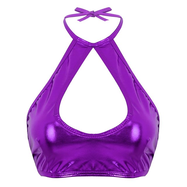 RUNQHUI Women's Shiny Metallic Keyhole Crop Top Halter Backless Rave Bandeau Vest Bra Clubwear Purple One Size