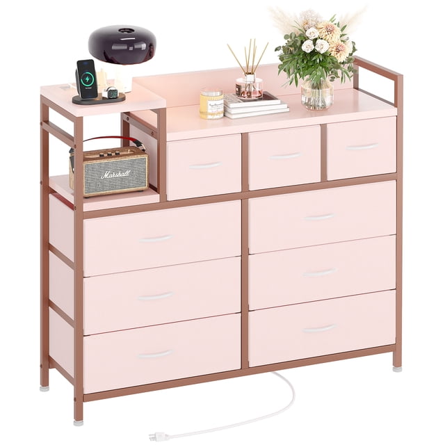 Garvee Commode en Tissu à 9 Tiroirs avec Station de Recharge, Tour de Rangement pour Chambre, Garde-Robe et Salon, Rose