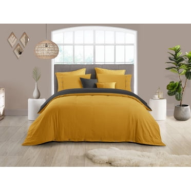 Swift Home Reversible Ultra Soft Solid Duvet Cover Set with Decorative Button Closure, King, Mustar