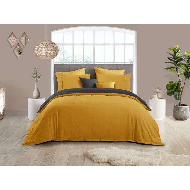 Swift Home Reversible Ultra Soft Solid Duvet Cover Set with Decorative Button Closure, Queen, Mustar