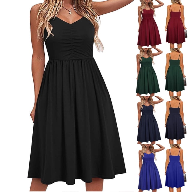 CEHVOM Robes de Bal de Fin d'Année à Bretelles Spaghetti, Robes Décontractées pour Femmes Sans Manches Robe d'Été de Plage Ligne A à Bretelles Spaghetti Robes Soleil avec Poches