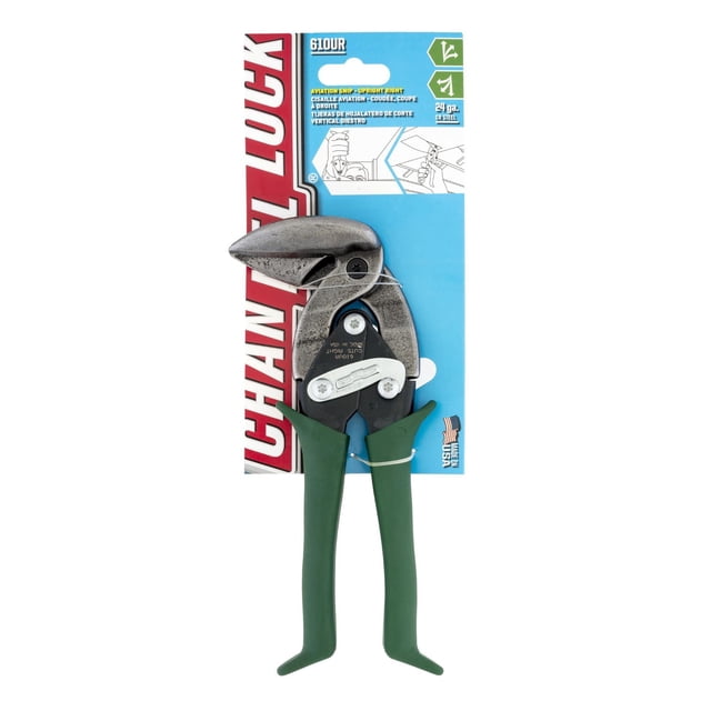 CHANNELLOCK Coupe-Bordure d'Aviation de 10 Pouces avec Lames Droites et Poignées Confort Vertes, construction en Acier Allié Forgé pour Couper de l'Acier Laminé à Froid de Calibre 24 dans des Espaces Étroits Ou Supérieurs, Illustré dans l'Emballage de Marque Bleu et Rouge original.