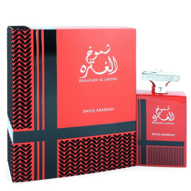 Swiss Arabian Shumoukh Al Ghutra For Him 100ml Eau De Parfum Spray. A red and black perfume bottle with a silver cap is displayed alongside a matching box featuring Arabic script and the Swiss Arabian logo. Though designed for men, it is suitable for those seeking bold and sophisticated fragrances.
