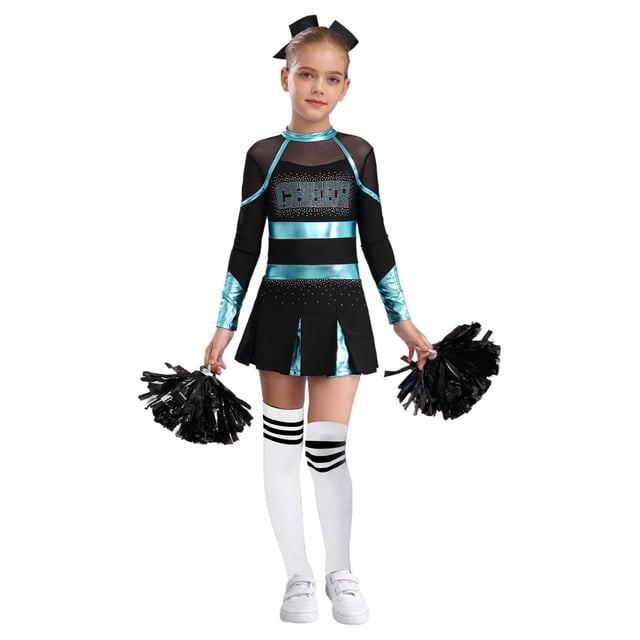 JanJean Costume de Pom-Pom Girl d'Halloween pour Filles Enfants, Uniforme de Cheerleading à Manches Longues, Robe de Danse et Ensemble de Couvre-Chef avec Pompons, Bleu Vert&Blanc 12
