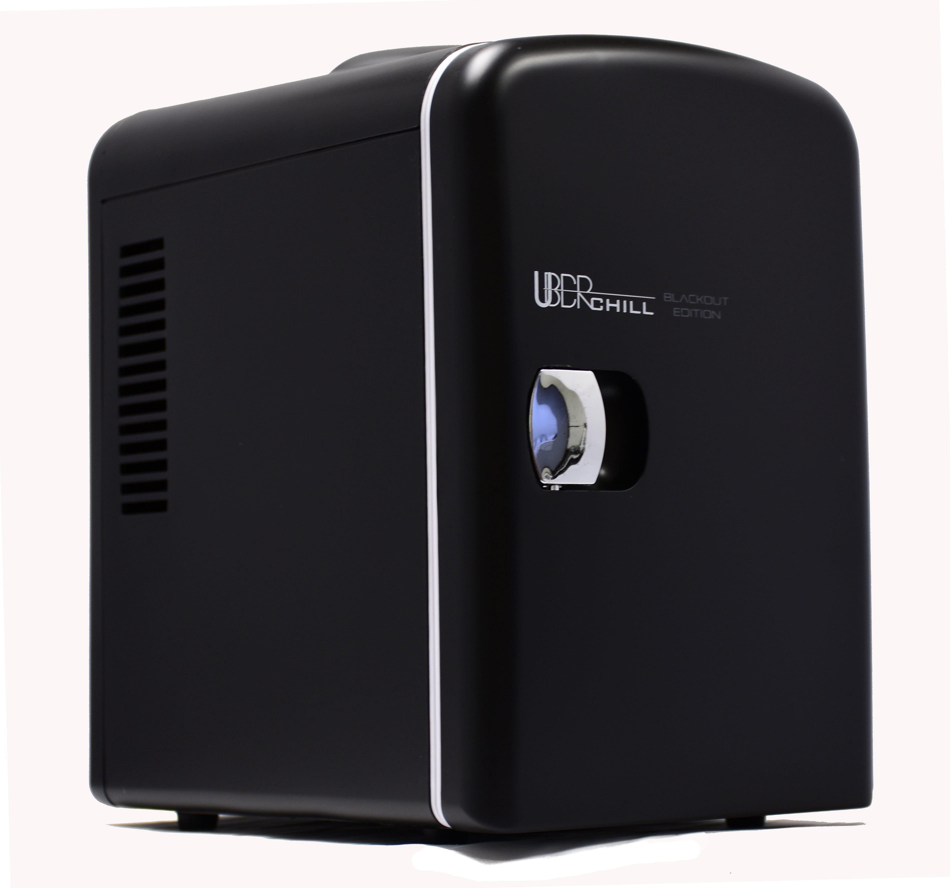 Uber Appliance UB-CH1 Uber Chill Mini Fridge 6-can portable Thermoelectric Cooler and Warmer mini fridge for bedroom, office or dorm (Blackout Matte Black W/Blue LED fan)