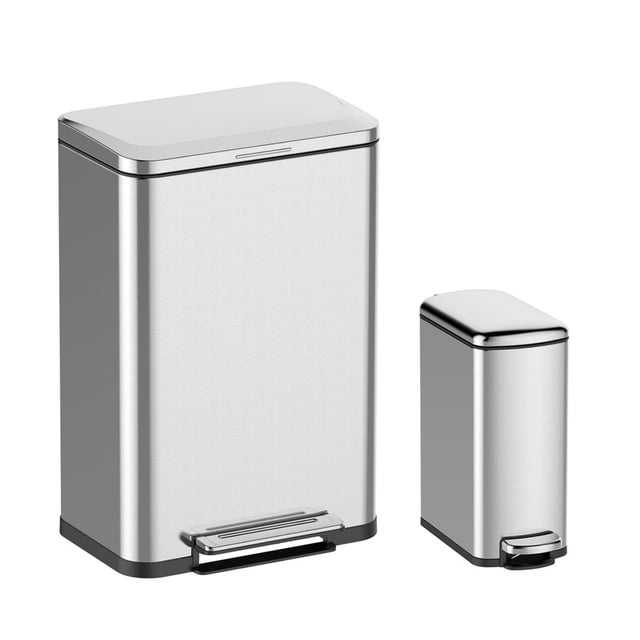 Cibeat 2 PCS Trash Can Combination Set, Stainless Steel Kitchen Waste Bins with Soft-Close Lid, for Bathroom, Kitchen, Office, Business, 50L + 8L