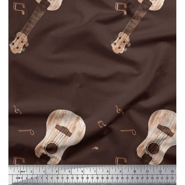 Soimoi Modal Satin Fabric Notes & Guitar Musical Instrument Print Fabric by Yard 42 Inch Wide