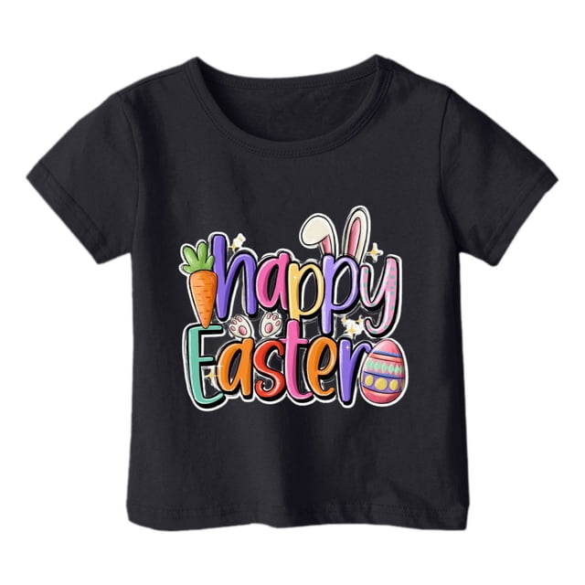 PMVFHDE T-Shirt Graphique à Manches Courtes Imprimé Lapin de Pâques pour Enfants, Col Rond, Décontracté, Printemps Été, Noir, 2-3 Ans