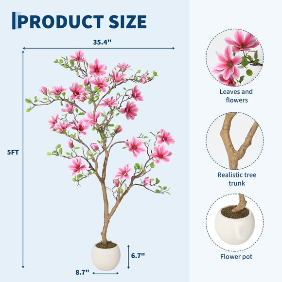 Arbre Artificiel de Magnolia Rose Réaliste en Pot – Feuilles et Fleurs en Soie Réalistes, Grande Plante Décorative d'Intérieur Factice pour la Maison, le Salon, la Chambre, le Bureau – Décoration de Verdure Moderne – 5 Pieds