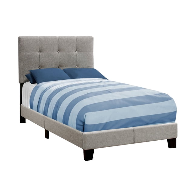Monarch Specialties Bed, Twin Size, Platform, Teen, Frame, Upholstered, Linen Look, Wood Legs, Grey, transitional twin platform bed with a tufted grey linen-look upholstered headboard and side rails, supported by black solid wood block legs, designed to fit a standard twin box spring and mattress, shown with blue striped bedding and pillows.