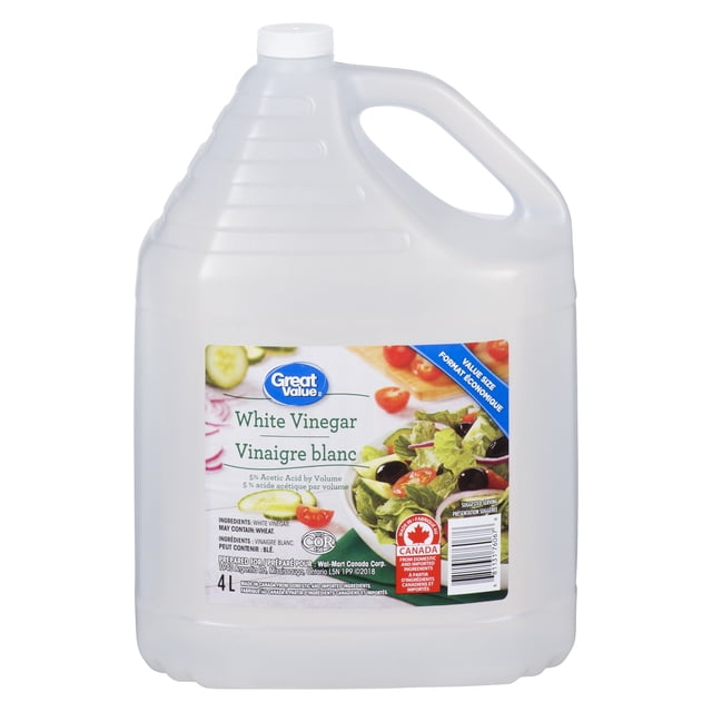 Great Value Pure White Vinegar 4-litre plastic jug with handle and white screw cap, labeled in English and French, containing 5% acetic acid by volume from distilled grain ethanol and spring water, suitable for culinary use and often used as a natural household cleaner.