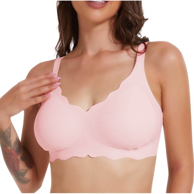 VEKDONE Fashion Women Large Size Solid Color Wave Lace Wireless Soft Support Together Daily Bra Pink M