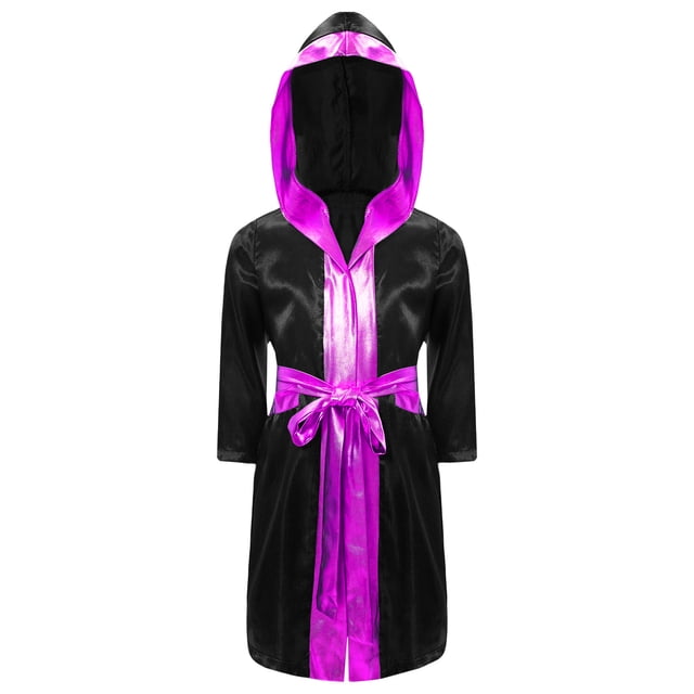 Alvivi Enfants Garçons Robe de Boxe Art Martial Muay Thaï Uniforme Manches Longues Kick Boxe Robe à Capuche Ensembles Noir&Rose Vif A 16