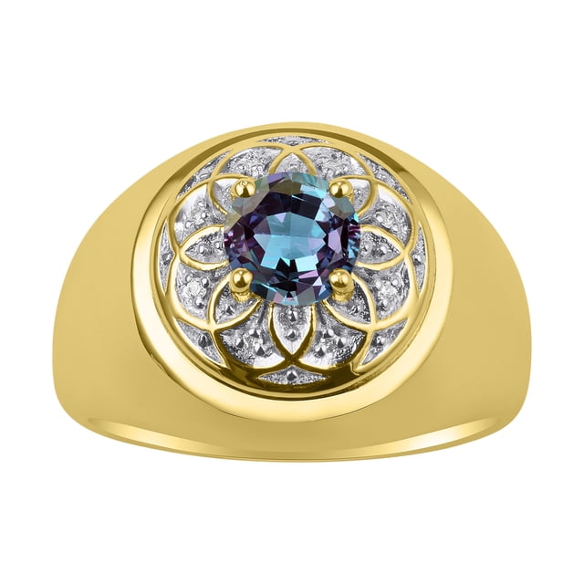 RYLOS Men's Rings 14K Yellow Gold Designer Gypsy 7MM Round Gemstone & Diamond Ring Alexandrite June Birthstone Size 13