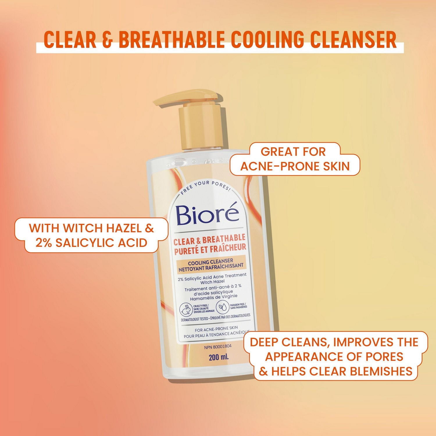 Bioré Pore Clarifying Cooling Cleanser with Witch Hazel, Salicylic Acid Face Wash for Acne Prone Skin, 200mL (Made in Canada)