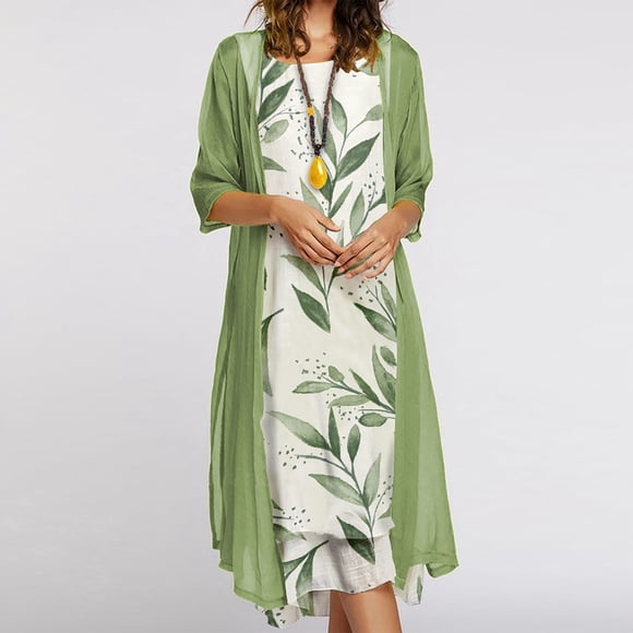 FcBaudy Sleeveless Round-Neck Dress,Summer Dresses for Women,Womens Dresses Women Casual Floral Print Sleeveles Dress Solid Chiffon Two-Piece Set Women's dress set