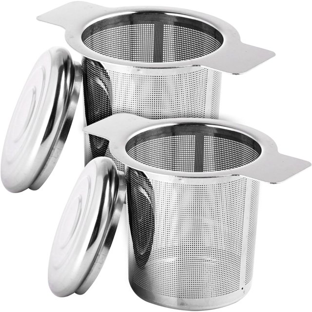 SURJDE 2 Pcs Tea Infuser, stainless steel tea strainers with fine mesh and dual handles, shown with lids. Ideal for loose tea steeping, fits teapots and mugs, features ultra-fine mesh for effective filtration, and includes a dust prevention lid that doubles as a base.