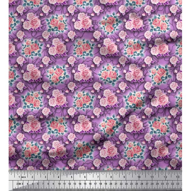 Soimoi Viscose Chiffon Tissu Feuilles & Rose Imprimé Floral 1 Yard 42 Inch Wide