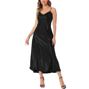 CURVOSPORT Robe Caraco en Satin pour Femme à Bretelles Spaghetti, Col en V, Élégante Robe Nuisette Maxi, S Noir
