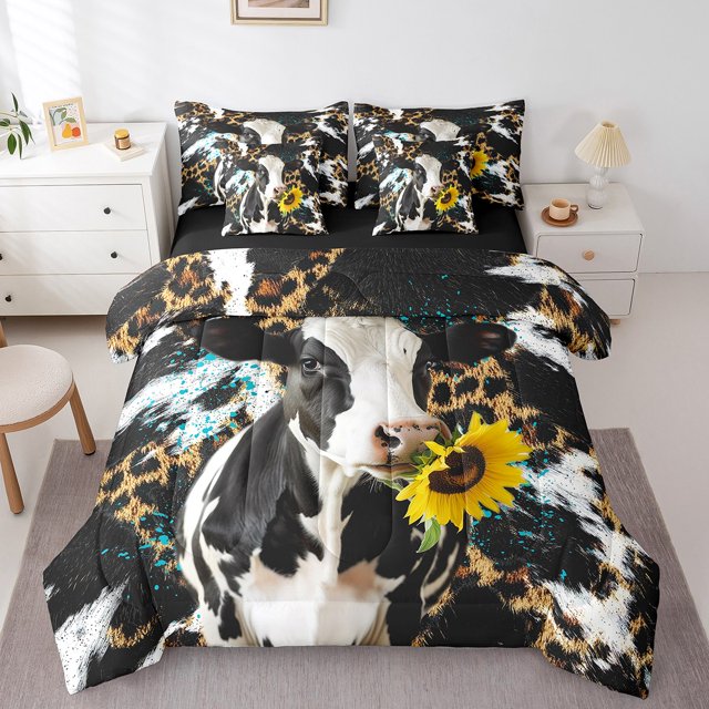 Erosebridal Animals Cow Bedding Sets Full Size, Rustic Sunflower Comforter Sets with Sheets, Cheetah Leopard Decor, Reversible 7pcs
