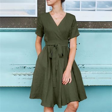 Weiqiqre Robes de Travail pour Femmes, Robes d'Été Décontractées pour Femmes à Col en V Uni à Manches Courtes avec Ceinture à la Taille et Poche