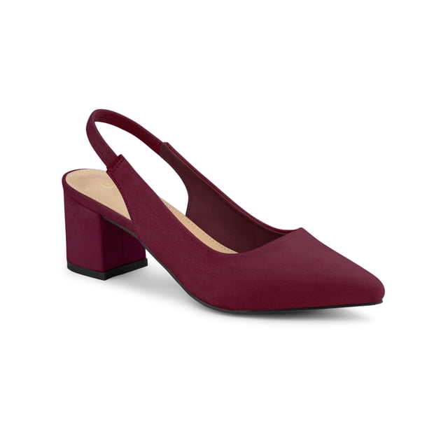 BLISSFUL STEP Escarpins à Talon Bloc pour Femmes, Talons Slingback en Bourgogne, Taille 7. Ces Talons Présentent une Empeigne en faux Suède, un Bout Pointu et un Talon Bloc ABS de 2 3/4 Po. La Conception Slingback Comprend une Sangle Élastique pour un Ajustement Sécuritaire. Idéal pour les Sorties Décontractées Ou le Bureau, Ils s'Agencent Bien avec des Robes, des Jupes Ou des jeans Moulants.